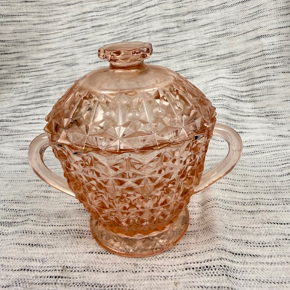 Vintage Jeannette Holiday Buttons & Bows Pink Depression Glass Sugar Bowl w/Lid